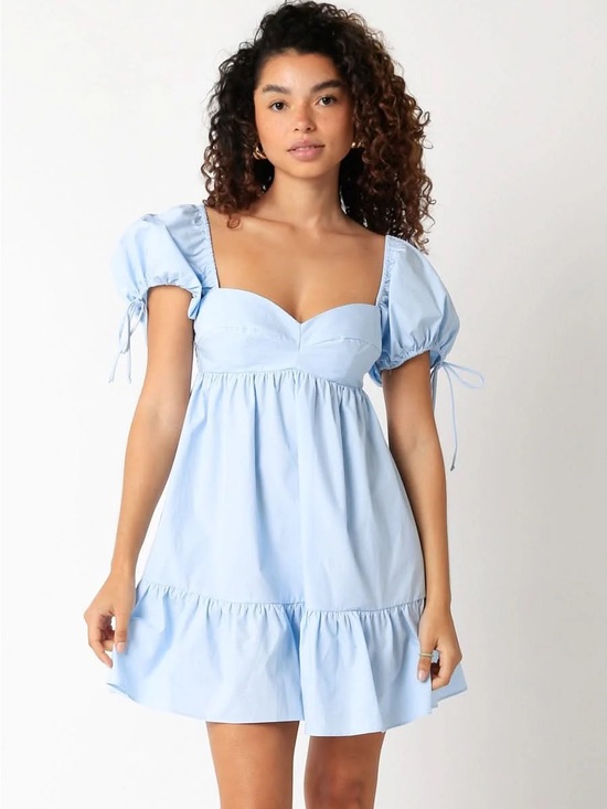 Olivaceous Dresses & Skirts - Jessie Sweetheart Neckline Puff-Sleeve Mini Dress - Light Blue